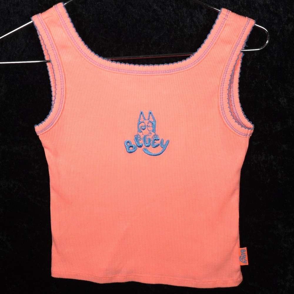 Bluey Girls Ribbed Tank Top Coral Pink Blue Lettuce Trim Embroidered Size M 7-8